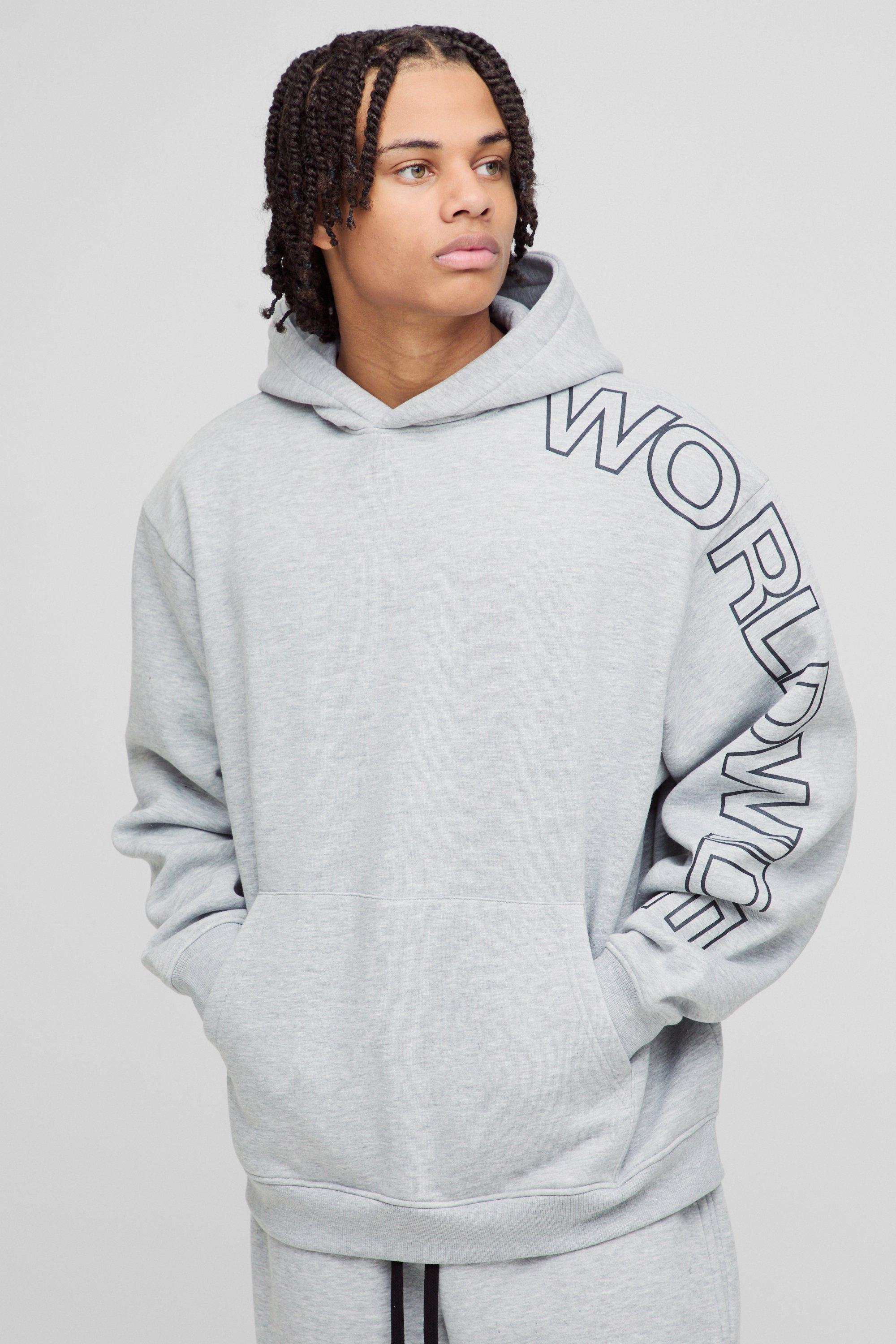 Mens Grey Oversized Worldwide Hoodie, Grey